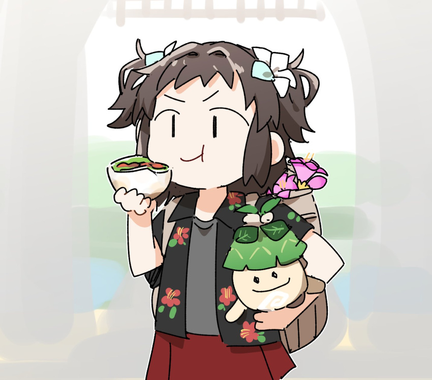 1girl :t aranara_(genshin_impact) artist_self-insert black_hair black_shirt blue_bow bow carrying carrying_under_arm closed_mouth commentary_request eating floral_print flower food genshin_impact grey_shirt hair_bow highres holding holding_food open_clothes open_shirt original pink_flower pleated_skirt print_shirt red_skirt shirt short_sleeves sidelocks skirt solo two_side_up v-shaped_eyebrows white_bow yukie_(kusaka_shi) |_|