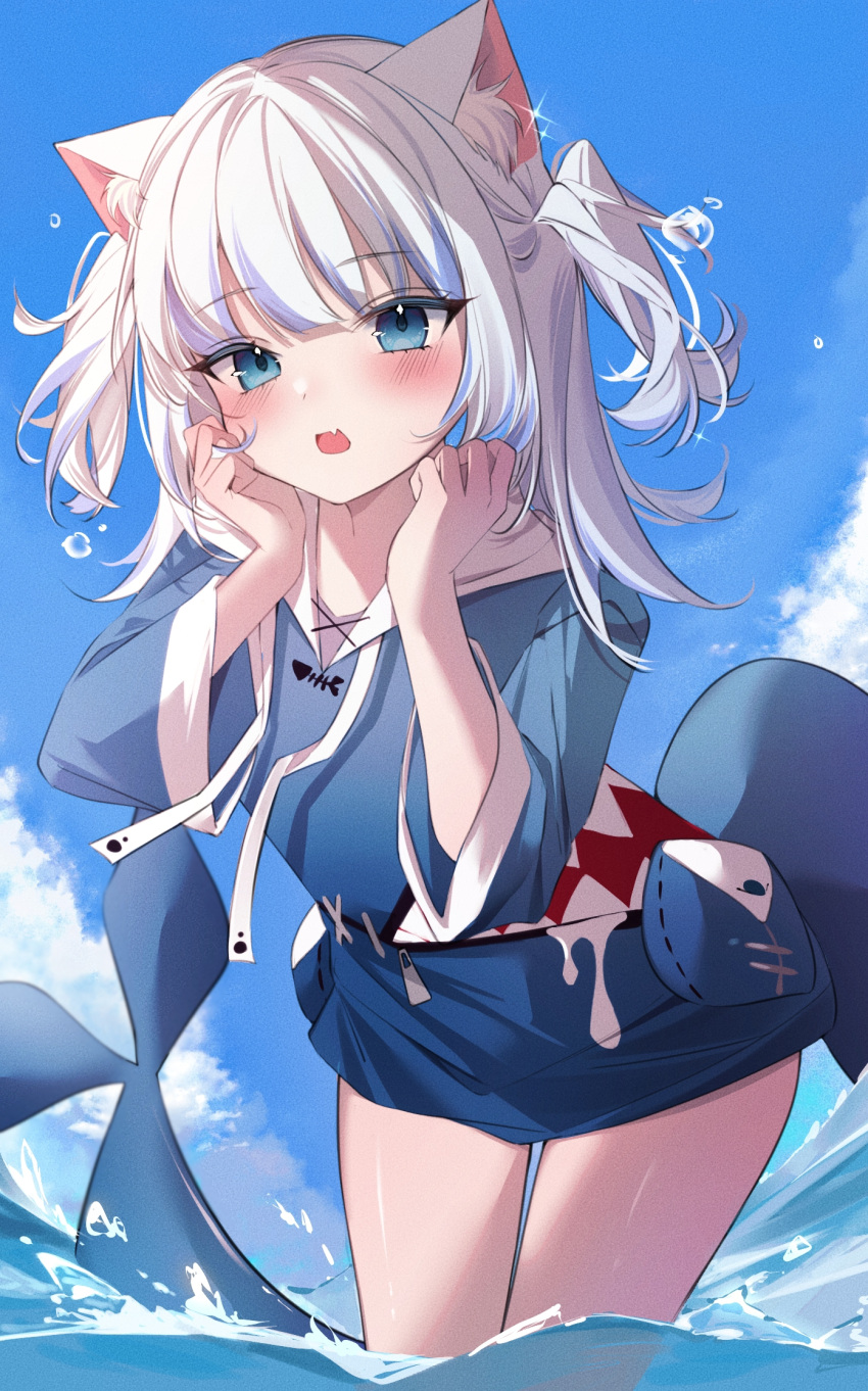 1girl animal_ear_fluff animal_ears animal_hood blue_hair blue_hood blue_sky blush cat_ears clouds fang fish_tail gawr_gura highres hololive hololive_english hood looking_at_viewer medium_hair multicolored_hair open_mouth shark_girl shark_hood shark_tail skin_fang sky solo streaked_hair ta_si_(sita_0225) tail twintails virtual_youtuber wading water white_hair