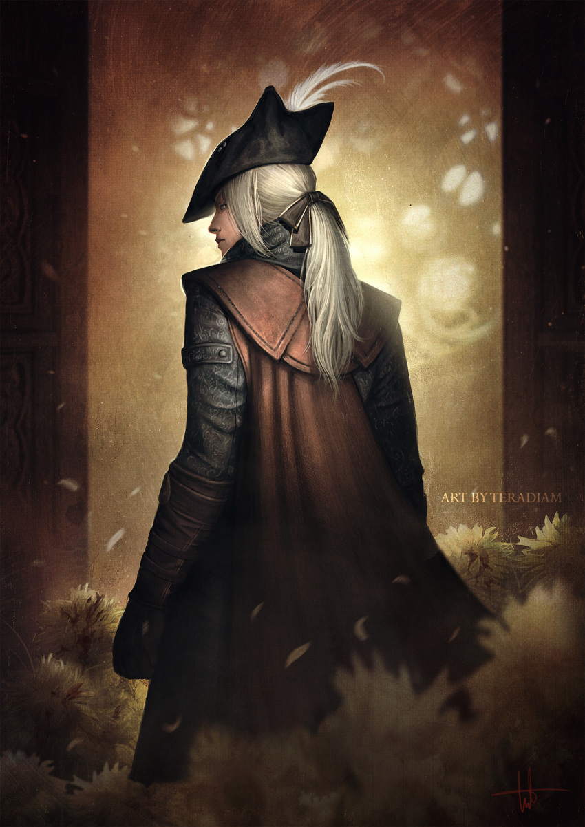 1girl artist_name black_jacket black_ribbon bloodborne brown_gloves cape closed_mouth door flower gloves hair_ribbon hat hat_feather highres jacket lady_maria_of_the_astral_clocktower light long_hair long_sleeves looking_back open_door ponytail red_cape ribbon solo teradiam tricorne white_hair yellow_flower