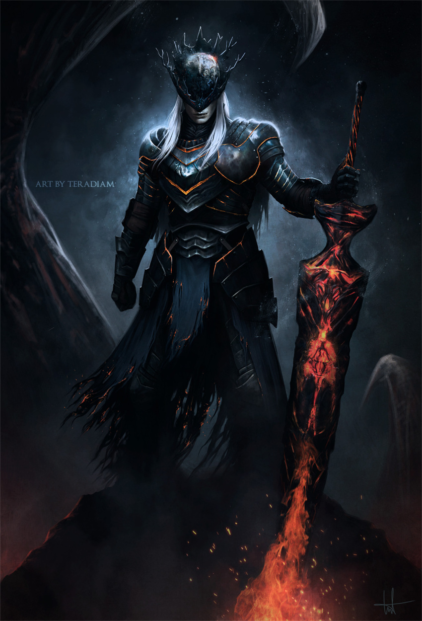 1boy armor artist_name black_background black_gloves closed_mouth dark_souls_(series) dark_souls_iii facing_viewer gloves grey_background highres holding holding_sword holding_weapon long_hair lorian_(elder_prince) planted planted_sword shoulder_armor signature solo standing sword teradiam weapon white_hair