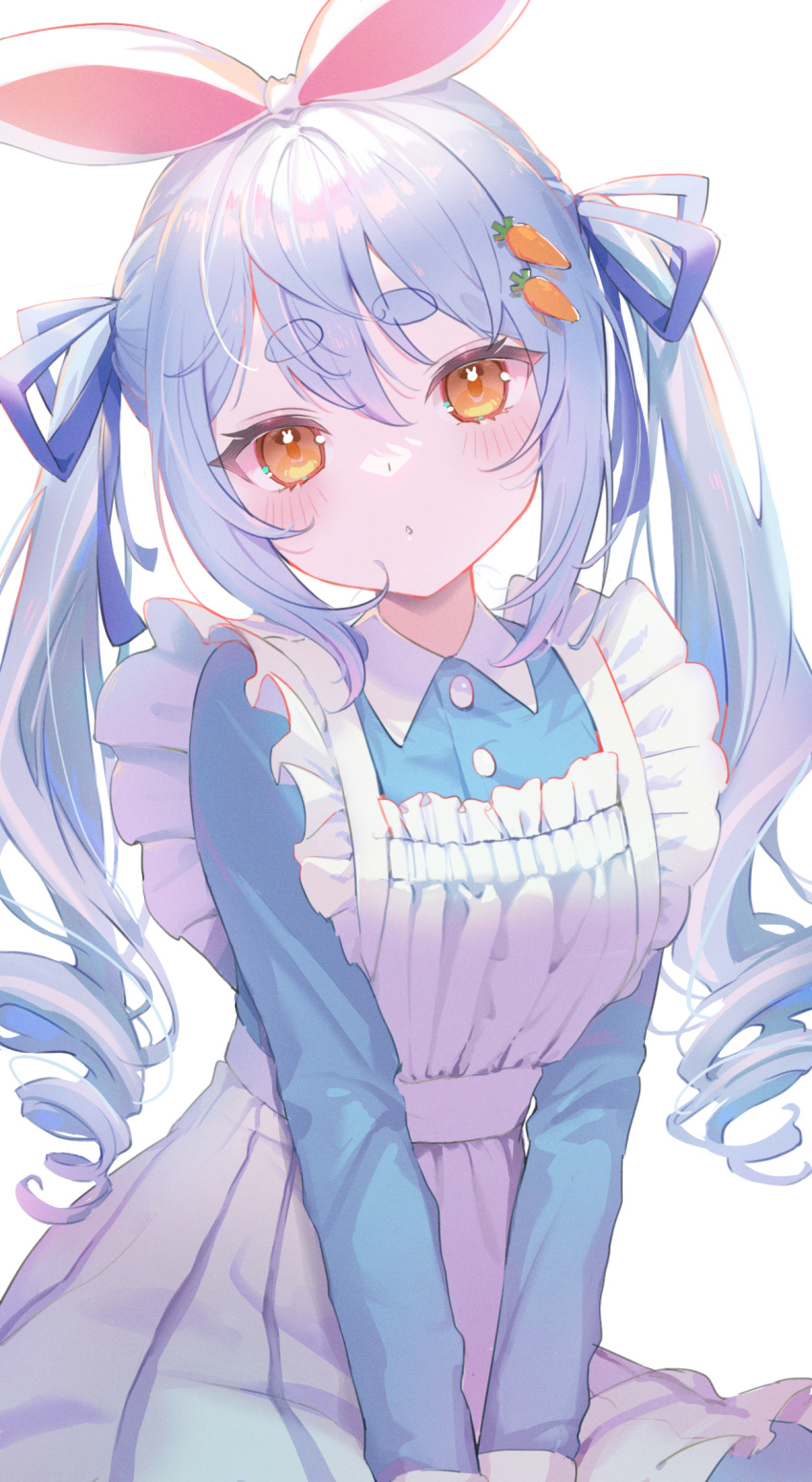 1girl animal_ears bangs blue_hair blue_ribbon blue_shirt blush carrot_hair_ornament food-themed_hair_ornament gaogao_(gaogaomegu) greyscale hair_between_eyes hair_ornament hair_ribbon highres hololive long_hair long_sleeves looking_at_viewer monochrome multicolored_hair orange_eyes rabbit_ears rabbit_girl ribbon shirt short_eyebrows simple_background solo thick_eyebrows tied_ears twintails two-tone_hair usada_pekora v_arms virtual_youtuber white_background white_hair