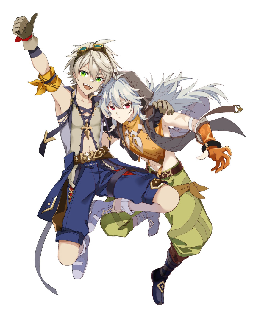2boys :d ahoge animal_ears arm_scarf arm_up armband bandages bandaid bandaid_on_face bandaid_on_nose bangs bennett_(genshin_impact) blue_shorts blush bone_necklace brown_gloves closed_mouth collarbone commentary_request full_body genshin_impact gloves goggles goggles_on_head green_eyes green_pants grey_hair hair_between_eyes highres hood hood_up long_hair male_focus mmmgnsn multiple_boys navel open_mouth orange_gloves pants razor_(genshin_impact) red_eyes scar scar_on_arm shorts simple_background sleeveless smile tassel teeth thumbs_up two-tone_gloves upper_teeth white_background