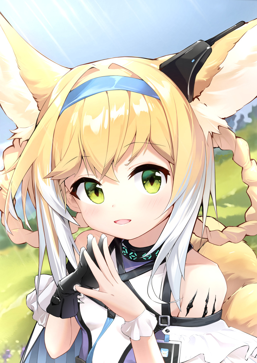 1girl :d absurdres animal_ear_fluff animal_ears arknights bangs bare_shoulders black_gloves blonde_hair blue_hairband blue_sky blurry blurry_background blush braid breasts day depth_of_field flan_ling fox_ears fox_girl fox_tail gloves green_eyes hair_between_eyes hair_rings hairband hands_up highres kitsune looking_at_viewer multicolored_hair outdoors purple_shirt shirt single_glove sky small_breasts smile solo steepled_fingers suzuran_(arknights) tail twin_braids two-tone_hair upper_body white_hair