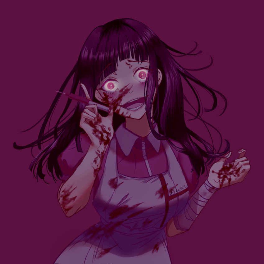 1girl absurdres bangs blood blood_on_clothes blood_on_face blood_on_hands breasts brown_hair collared_shirt commentary cowboy_shot danganronpa_(series) danganronpa_2:_goodbye_despair dated grey_apron highres holding holding_syringe large_breasts long_hair messy_hair pink_background pink_eyes pink_shirt puffy_short_sleeves puffy_sleeves shiny shiny_hair shirt short_sleeves simple_background solo symbol-only_commentary syringe teeth tsumiki_mikan yandere yuli_(dunn2342)