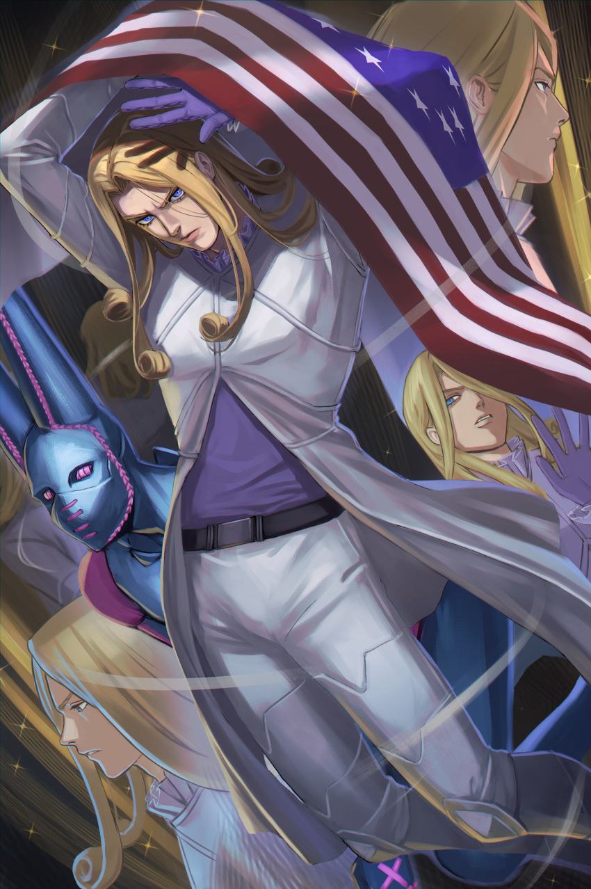 1boy @acchom_zatta absurdres american_flag arms_up belt blonde_hair blue_eyes closed_mouth dirty_deeds_done_dirt_cheap funny_valentine glaring gloves highres historical_american_flag jacket jojo_no_kimyou_na_bouken long_hair long_sleeves looking_at_viewer male_focus multiple_views purple_gloves purple_shirt shirt solo stand_(jojo) steel_ball_run white_jacket