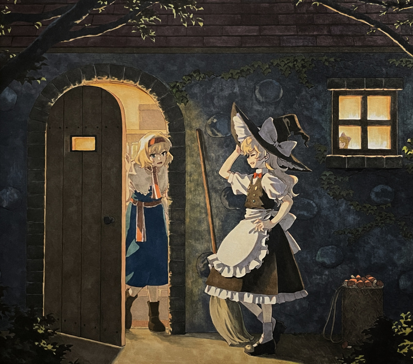 2girls alice_margatroid apron arch arm_up bag bangs black_footwear black_vest blonde_hair blue_dress boots bow bowtie branch brick_wall broom building bush buttons closed_eyes commentary_request dress frilled_apron frills hairband hand_on_headwear hand_up hat hat_bow highres house ivy kirisame_marisa long_hair mary_janes multicolored_buttons multiple_girls mushroom neck_ribbon open_door open_mouth partial_commentary peeking_out profile puffy_short_sleeves puffy_sleeves red_bow red_bowtie red_hairband red_ribbon red_sash ribbon sash shanghai_doll shiratama_(hockey) shoes short_hair short_sleeves standing touhou vest waist_apron white_apron wicker_basket window witch_hat