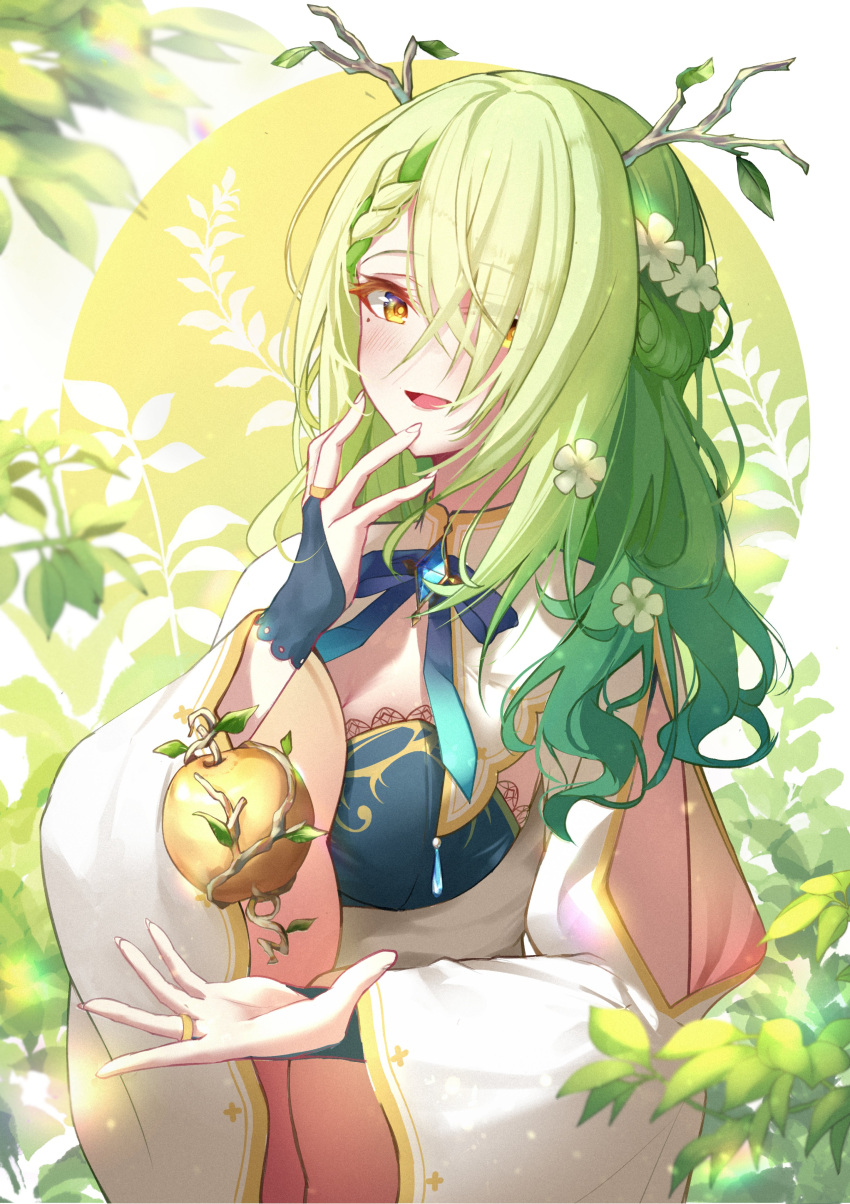 1girl absurdres amulet antlers apple braid ceres_fauna dress fingerless_gloves flower food french_braid fruit gloves golden_apple green_hair hair_flower hair_ornament hair_over_one_eye highres hololive hololive_english jewelry kurosuke_(gd_5253) leaf mole mole_under_eye multicolored_hair open_mouth ring smile solo two-tone_hair upper_body virtual_youtuber yellow_eyes