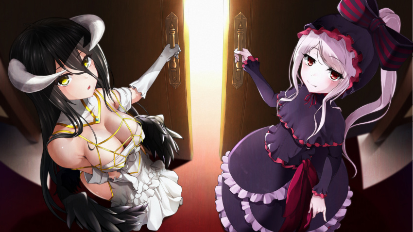 2girls albedo_(overlord) alternate_horns bangs bare_shoulders black_dress black_feathers black_hair black_wings bonnet bow breasts demon_girl demon_horns demon_wings detached_collar dress enishi_nishimiya eyelashes fang feathered_wings feathers frilled_dress frills from_above gloves gothic_lolita hair_between_eyes highres hip_vent horns large_breasts lolita_fashion long_bangs long_hair low_wings multiple_girls open_door open_mouth overlord_(maruyama) pale_skin red_eyes red_ribbon ribbon shalltear_bloodfallen shiny shiny_hair shiny_skin slit_pupils small_breasts smile striped striped_bow undead vampire white_dress white_gloves white_hair white_horns wings yellow_eyes