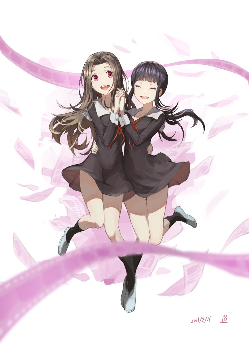 2girls absurdres bangs black_dress black_hair brown_hair closed_eyes dress full_body hand_on_another's_waist highres holding_hands interlocked_fingers kaguya-sama_wa_kokurasetai_~tensai-tachi_no_renai_zunousen~ kino_karen kose_erika long_hair multiple_girls open_mouth red_eyes school_uniform smile socks tanziya_(codlxcold) teeth upper_teeth