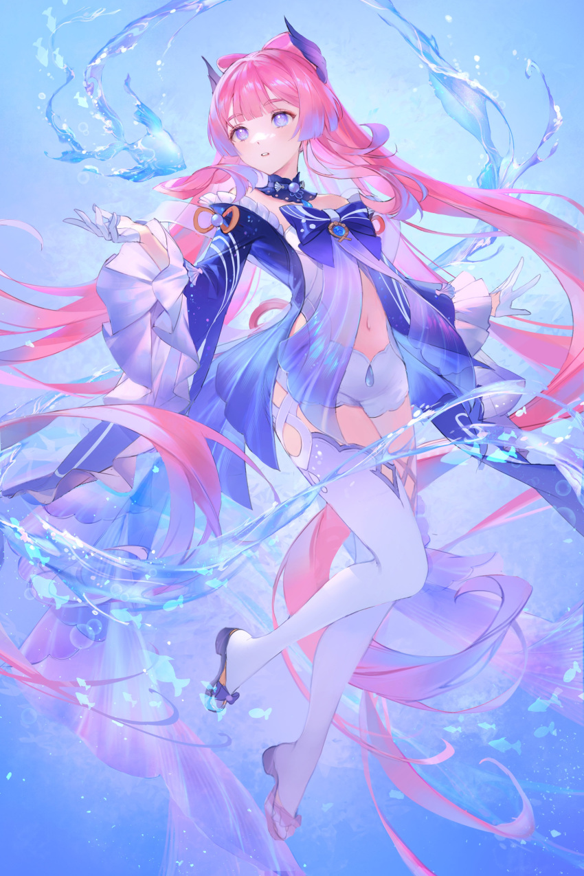 1girl absurdres air_bubble babydoll bangs bow-shaped_hair bubble choker detached_sleeves fish floating_hair frilled_sleeves frills full_body genshin_impact gloves half_gloves head_wings highres long_hair looking_to_the_side miji_black navel outstretched_hand parted_lips pink_hair sangonomiya_kokomi short_shorts shorts sidelocks solo thick_eyebrows thigh-highs twintails underwater violet_eyes vision_(genshin_impact) water white_gloves white_shorts white_thighhighs wide_sleeves