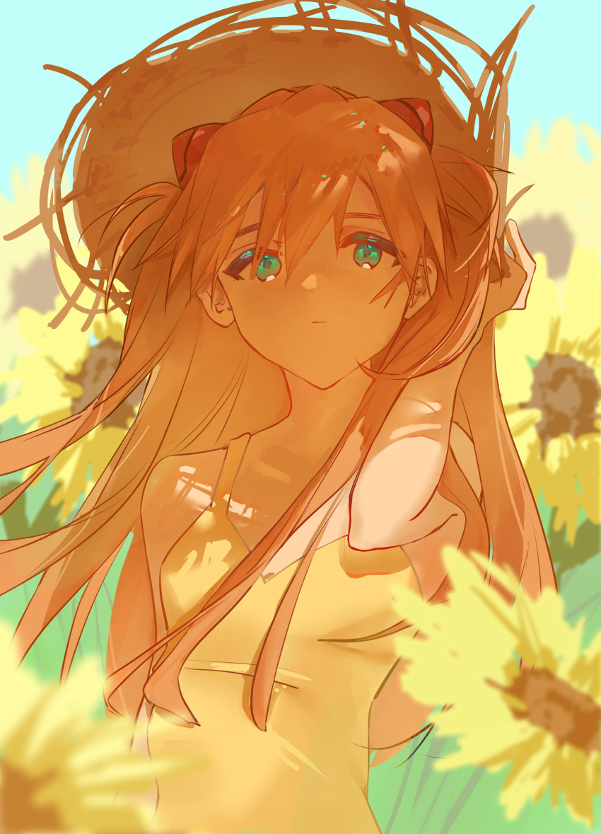 1girl absurdres bangs bare_arms bare_shoulders blue_eyes blue_sky day dress expressionless flower grass hair_between_eyes hair_tucking hairpods hand_up hat highres long_hair looking_at_viewer neon_genesis_evangelion orange_hair outdoors que_liu shade sky solo souryuu_asuka_langley straw_hat sun_hat sundress sunflower two_side_up upper_body wind yellow_dress yellow_flower