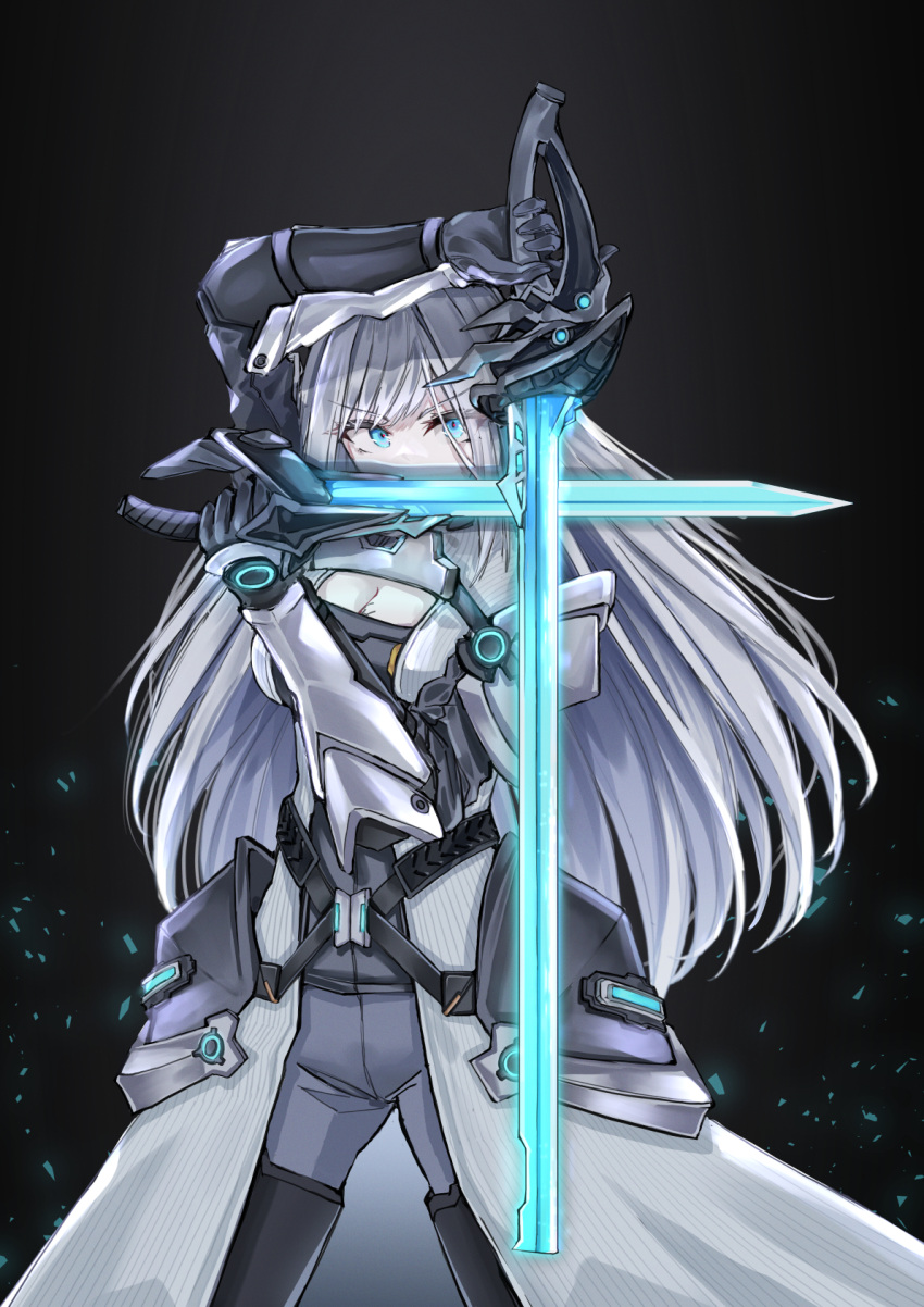 1girl black_background black_gloves blue_eyes breasts cleavage_cutout clothing_cutout dual_wielding ethel_(xenoblade) gloves glowing glowing_sword glowing_weapon grey_hair highres holding holding_sword holding_weapon large_breasts long_coat long_hair sarasadou_dan sword weapon xenoblade_chronicles_(series) xenoblade_chronicles_3