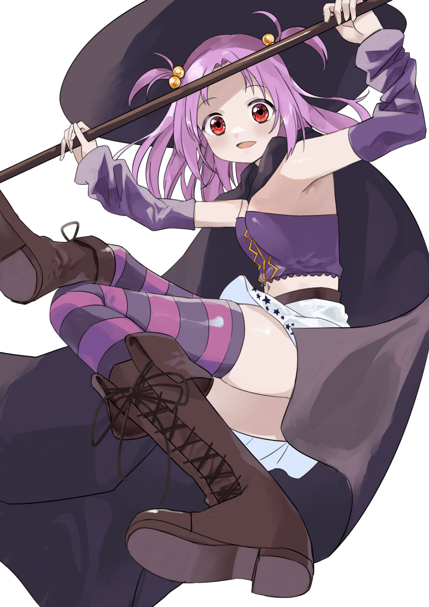 1girl absurdres arm_warmers bangs belt black_cape black_headwear brown_footwear cape criss-cross_halter crop_top cross-laced_footwear detached_sleeves fold-over_boots hair_bobbles hair_ornament halterneck hat highres magia_record:_mahou_shoujo_madoka_magica_gaiden magical_girl mahou_shoujo_madoka_magica mamadasky medium_hair miniskirt misono_karin parted_bangs parted_hair pink_ribbon pleated_skirt print_skirt purple_hair purple_thighhighs red_eyes ribbon simple_background skirt solo star_(symbol) star_print striped striped_thighhighs thigh-highs two_side_up white_skirt witch_hat
