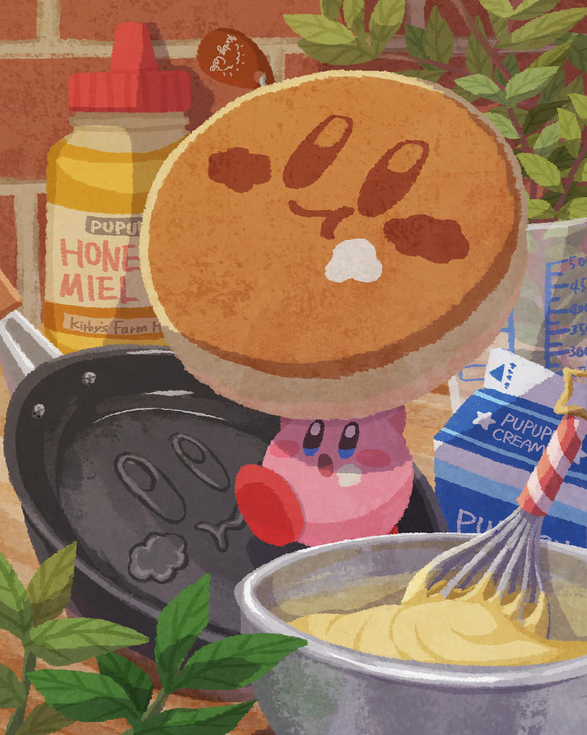 blush brick_wall cookie cooking cream cup food food_focus food_on_face frying_pan highres holding holding_food honey jar kirby kirby_(series) leaf miclot milk open_mouth pancake solo tongue undersized_animal wafer_stick waffle wall