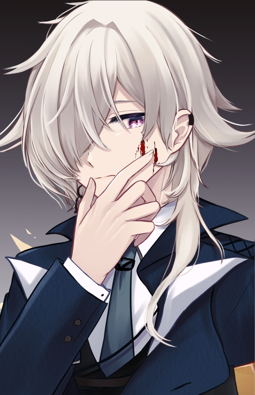 1boy absurdres arknights bishounen blood blood_on_face blue_necktie earpiece enforcer_(arknights) formal hair_over_one_eye hand_on_own_face hand_up highres male_focus medium_hair necktie shirt solo suit upper_body violet_eyes white_hair white_shirt yokuto