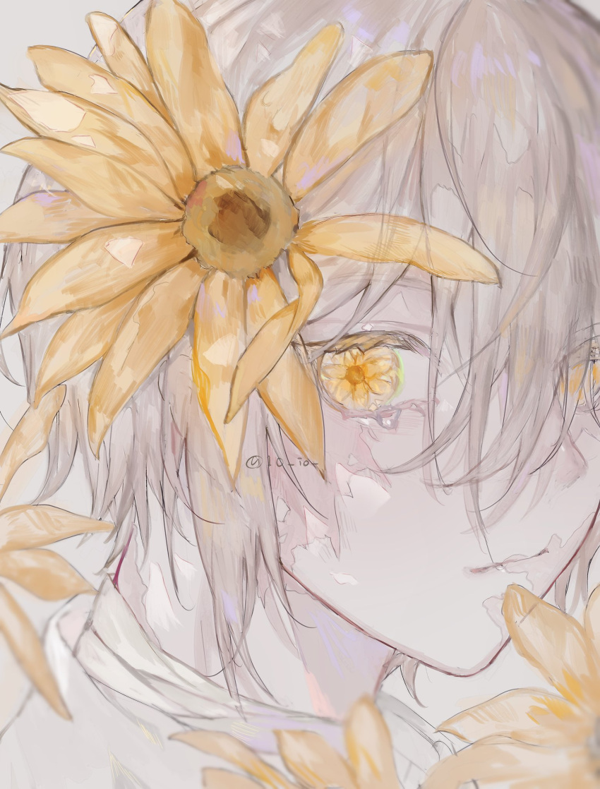 10_io 1boy bishounen crying crying_with_eyes_open flower flower_in_eye grey_hair highres looking_at_viewer male_focus original solo sunflower symbol_in_eye tears yellow_eyes