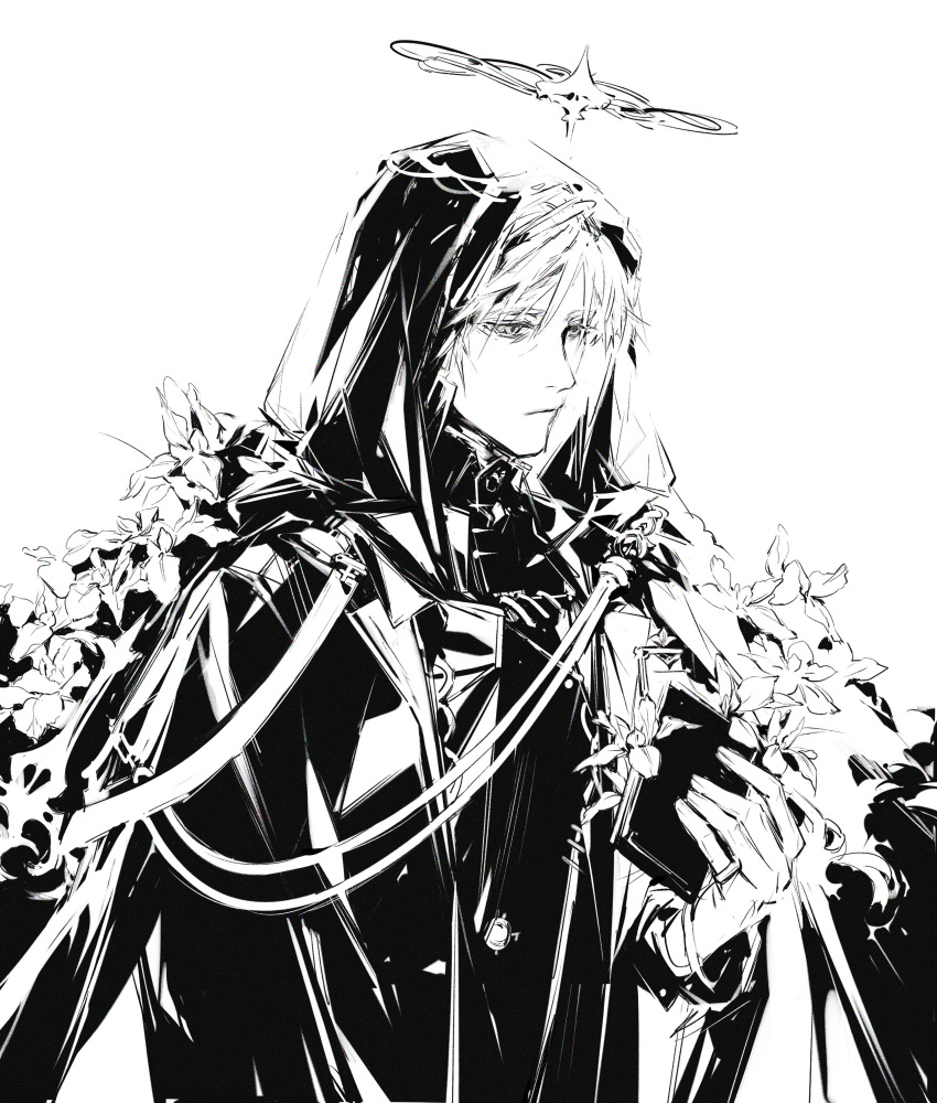 1boy absurdres andoain_(arknights) arknights bishounen book chuzenji flower formal gloves halo highres hood hoodie jewelry male_focus monochrome ring short_hair simple_background solo suit upper_body white_background white_gloves