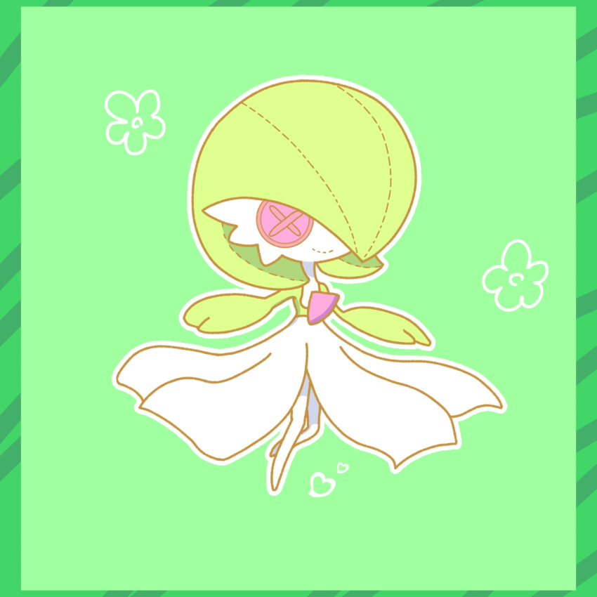 bangs bob_cut border button_eyes character_doll chibi closed_mouth colored_skin commentary_request doll flat_chest flower full_body gardevoir green_background green_border green_hair green_skin green_theme hair_over_one_eye happy heart highres multicolored_skin one_eye_covered pokemon pokemon_(creature) red_eyes short_hair simple_background smile stitches striped_border two-tone_skin white_skin yuri_(pixiv_76483886)