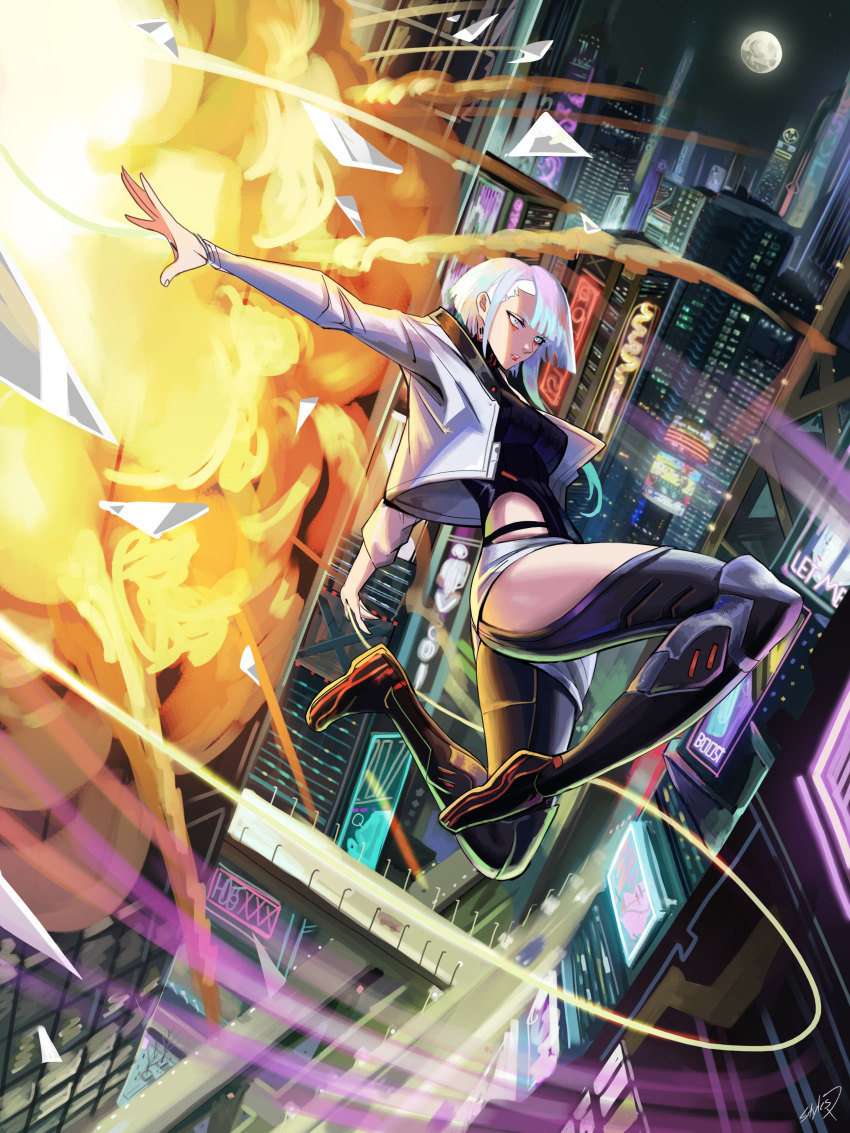 absurdres bangs bare_shoulders building cityscape cyberpunk_(series) cyberpunk_edgerunners explosion highres jacket looking_away monowire multicolored_hair pale_skin skyscraper stylesq10 upper_body