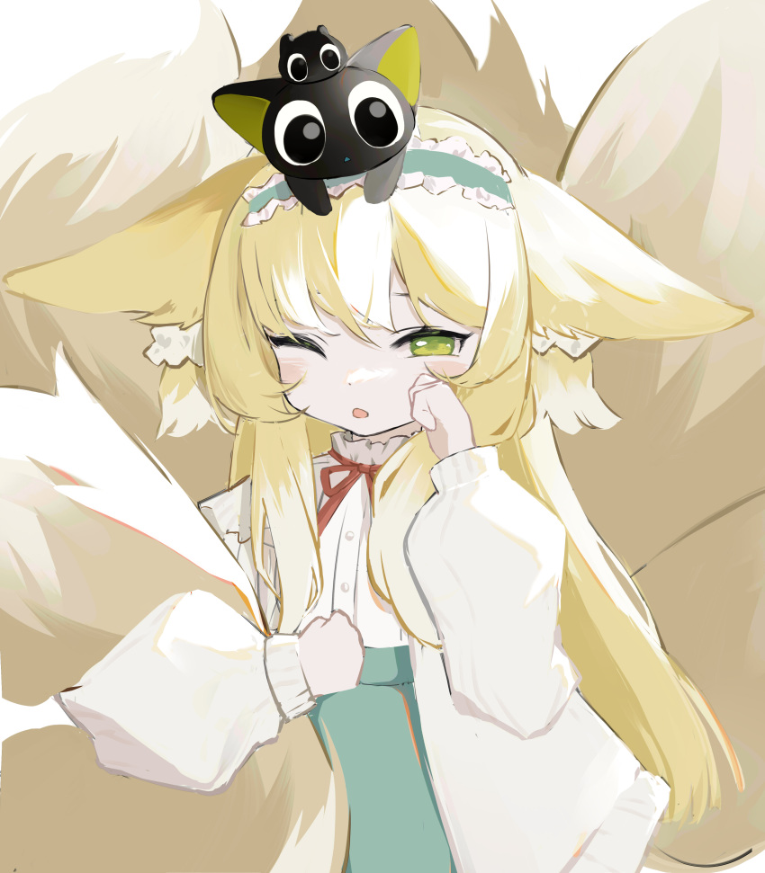 1girl ;o absurdres animal_ear_fluff animal_ears animal_on_head arknights bangs black_headwear blue_hairband blue_skirt blush cat cat_on_head ears_down fox_ears fox_girl fox_tail frilled_hairband frills green_eyes hairband high-waist_skirt highres jacket long_sleeves looking_at_viewer luoxiaohei multiple_tails on_head one_eye_closed open_clothes open_jacket open_mouth sanqianqianqianqian_w shirt skirt solo suzuran_(arknights) suzuran_(spring_praise)_(arknights) tail tail_hug the_legend_of_luo_xiaohei upper_body white_jacket white_shirt