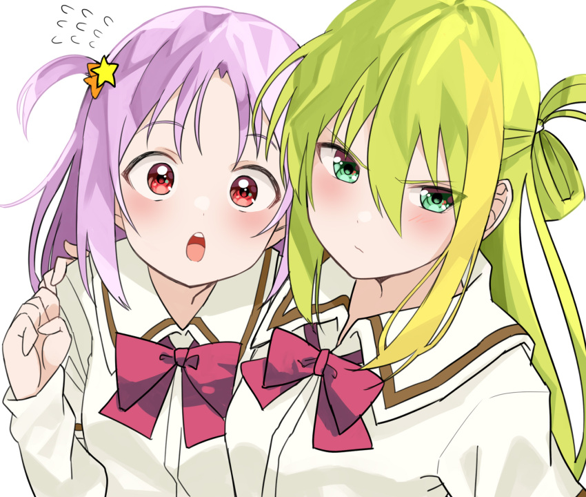 2girls alina_gray aqua_eyes bangs blunt_ends blush bow bowtie closed_mouth green_hair hair_between_eyes hair_ornament hair_ribbon hair_rings highres looking_at_viewer loose_bowtie magia_record:_mahou_shoujo_madoka_magica_gaiden mahou_shoujo_madoka_magica mamadasky medium_hair misono_karin multicolored_hair multiple_girls open_mouth orange_ribbon parted_bangs parted_hair purple_hair ribbon sakae_general_school_uniform school_uniform sidelocks simple_background sleeves_rolled_up star_(symbol) star_hair_ornament straight_hair streaked_hair two_side_up