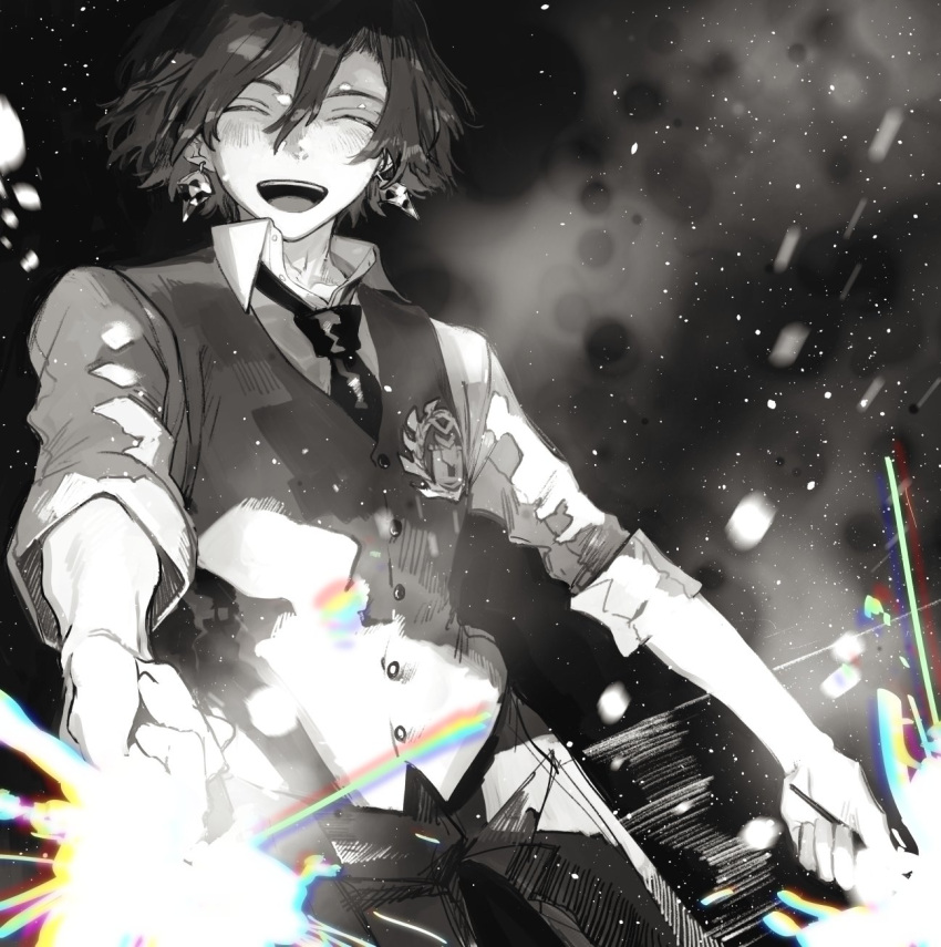 1boy :d ^_^ closed_eyes collared_shirt constantine_xi_(fate) cowboy_shot earrings facing_viewer fate/grand_order fate_(series) fireworks greyscale hair_between_eyes happy highres holding_fireworks jewelry kitada male_focus monochrome necktie night open_collar pants rainbow shirt short_hair sleeves_rolled_up smile solo sparkler spot_color teeth upper_teeth vest