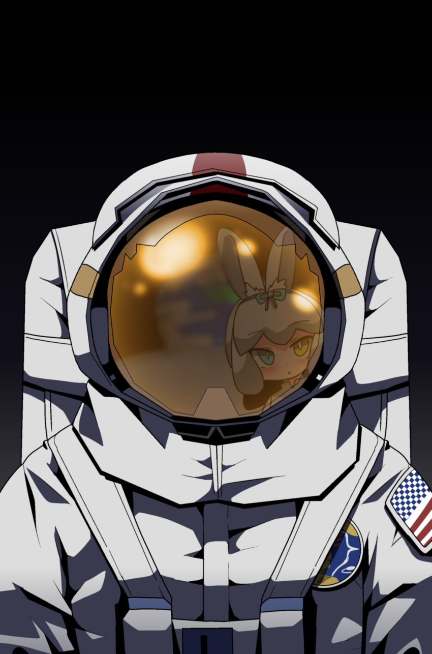 1girl 1other absurdres animal_ears astronaut black_background blue_eyes earth_(planet) grey_hair heterochromia highres kemono_friends looking_at_another on_moon onaji_(sokudo_seigen) parted_lips planet rabbit_ears reflection simple_background space_helmet spacecraft spacesuit tsukuyomi_shinshi_(kemono_friends) yellow_eyes