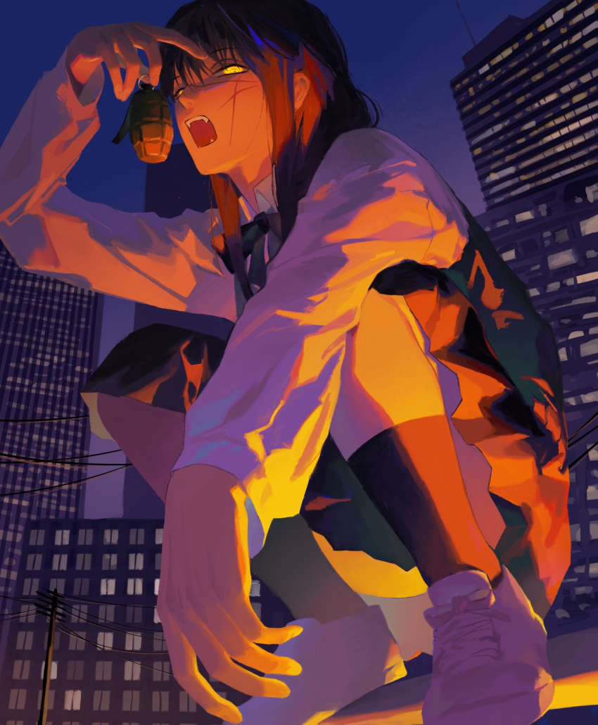 1girl absurdres bangs black_bow black_bowtie black_dress black_hair black_socks bow bowtie building chainsaw_man city collared_shirt dress explosive fangs from_below full_body giant giantess glowing glowing_eyes grenade half-closed_eyes hand_up highres holding holding_grenade long_sleeves looking_at_viewer looking_down medium_hair mitaka_asa night open_mouth outdoors pinafore_dress power_lines ringed_eyes scar scar_on_cheek scar_on_face school_uniform shirt shoes sneakers socks solo squatting utility_pole war_devil_(chainsaw_man) white_footwear white_shirt yellow_eyes yuan_di_shaobing