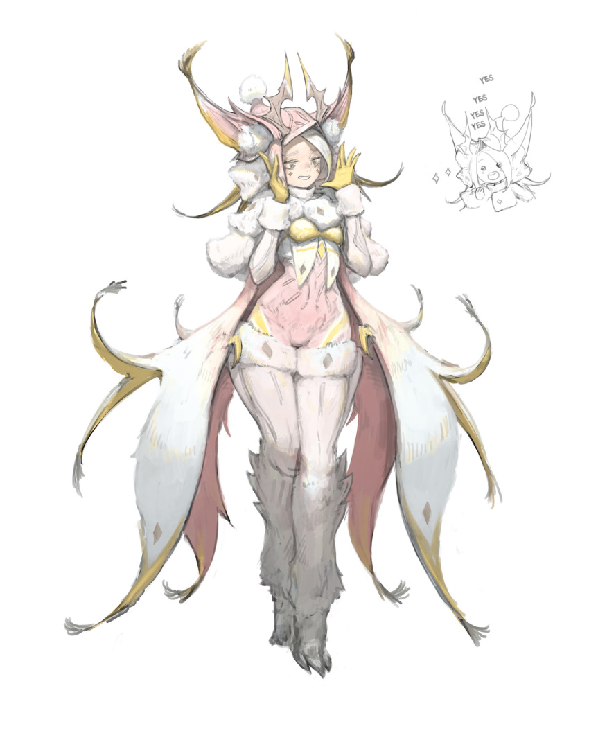 1girl agoto animal_ears boots coat covered_navel full_body fur fur_boots gloves hat helmet highres navel skin_tight solo standing teeth thigh_boots white_background white_coat white_hair yellow_eyes yellow_gloves