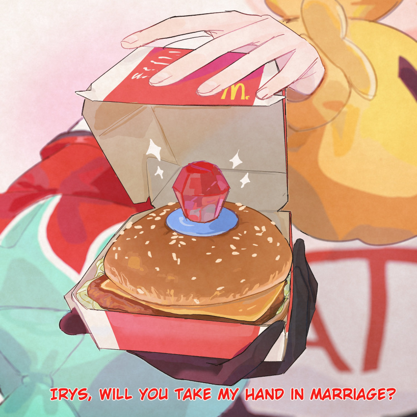 1girl absurdres box candy elisbian english_text food gloves hakos_baelz highres hololive hololive_english jewelry long_sleeves mcdonald's proposal ring ring_pop single_glove sparkle virtual_youtuber