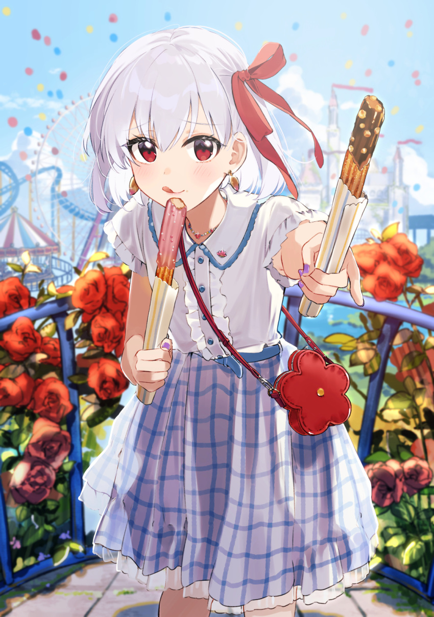 1girl :q alternate_costume amusement_park bag bangs belt blue_belt blue_skirt blush buttons churro collar collared_shirt commentary cowboy_shot day earrings eyelashes fate/grand_order fate_(series) flower food hair_ribbon highres holding holding_food incoming_food jewelry kama_(fate) looking_at_viewer medium_hair plaid plaid_skirt red_eyes red_flower red_ribbon red_rose ribbon rizu033 rose shirt short_sleeves skirt solo stone_floor sunlight tongue tongue_out white_hair white_shirt