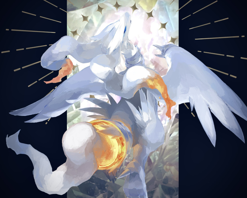 blue_eyes blue_sclera claws colored_sclera commentary_request fire from_behind head_back highres no_humans penurodae pokemon pokemon_(creature) reshiram solo white_fur