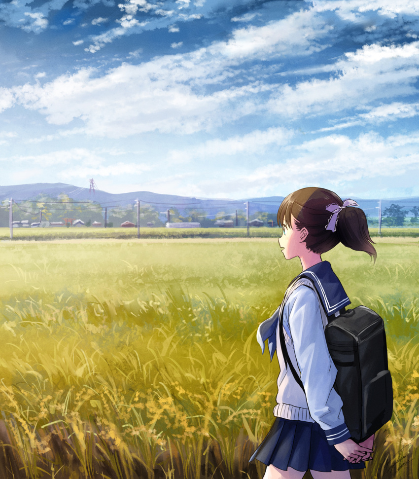 1girl arms_behind_back backpack bag black_hair blue_eyes blue_sailor_collar blue_skirt blue_sky building clouds commentary_request day dirt_road field grass hair_ornament highres kazuharu_kina landscape mountainous_horizon open_mouth original outdoors pleated_skirt ponytail power_lines road rural sailor_collar scenery school_uniform serafuku shirt skirt sky smile solo tree uniform utility_pole walking white_shirt