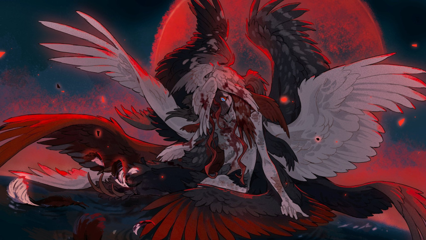 1girl black_background blue_background blue_eyes brown_feathers brown_wings chimera claws colored_sclera colored_skin commentary completely_nude feathered_wings feathers full_body head_wings highres juanmao kneeling long_hair looking_down monster_girl moon multicolored_skin multiple_wings nude one_eye_covered original red_background red_feathers red_moon red_sclera red_skin red_wings redhead solo symbol-only_commentary water white_feathers white_skin white_wings wings