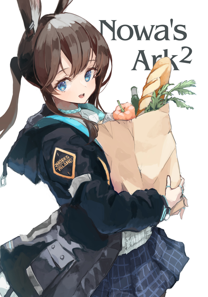 1girl :d absurdres amiya_(arknights) animal_ear_fluff animal_ears arknights background_text bag baguette bangs black_jacket black_skirt blue_eyes bread brown_hair ear_piercing food grocery_bag highres holding holding_bag hood hood_down hooded_jacket jacket long_hair long_sleeves looking_at_viewer open_clothes open_jacket paper_bag piercing pleated_skirt ponytail puffy_long_sleeves puffy_sleeves rabbit_ears shirt shopping_bag skirt smile solo tokorinowa white_shirt