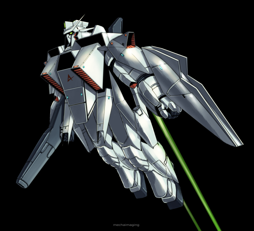 artist_name black_background char's_counterattack clenched_hand flying green_eyes gun gundam gundam_high_streamer highres holding holding_gun holding_weapon looking_up mecha mobile_suit no_humans nu_gundam robot science_fiction solo v-fin weapon yamada_yuuji