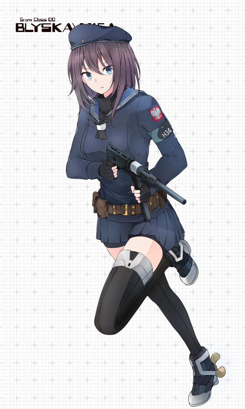 1girl absurdres armband bike_shorts bike_shorts_under_skirt black_gloves black_shorts black_sweater black_thighhighs blue_headwear blue_shirt blue_skirt breasts brown_hair coat_of_arms destroyer fingerless_gloves gloves gun hat highres holding holding_gun holding_weapon mecha_musume medium_breasts military military_vehicle miniskirt myuto_(advent_retribution) original orp_blyskawica_(destroyer) personification pleated_skirt propeller sailor_hat ship shirt short_hair shorts skirt solo submachine_gun sweater thigh-highs turtleneck turtleneck_sweater warship watercraft weapon