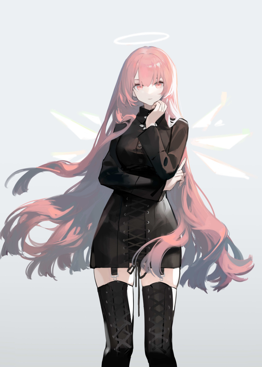 1girl absurdres alternate_costume arknights bangs black_dress black_footwear boots breasts closed_mouth cross-laced_footwear detached_wings dress energy_wings feet_out_of_frame halo highres iris_yi lace-up_boots lemuen_(arknights) long_hair long_sleeves looking_at_viewer medium_breasts pink_eyes pink_hair solo standing thigh_boots very_long_hair wings zettai_ryouiki