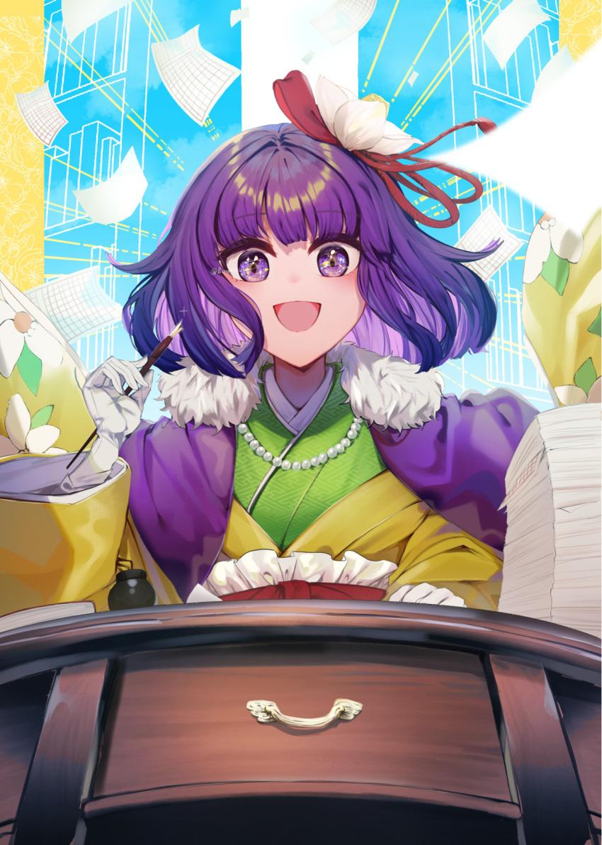 1girl :d agatha_chris_q_outfit_(touhou) bangs bead_necklace beads blunt_bangs blush calligraphy_brush coat commentary_request cover desk flower fur-trimmed_coat fur_trim green_kimono hair_flower hair_ornament hair_ribbon happy hieda_no_akyuu highres holding holding_brush inkwell ishikawa_sparerib japanese_clothes jewelry kimono layered_clothes layered_kimono looking_down medium_hair necklace obi open_mouth paintbrush paper paper_stack purple_coat purple_hair red_ribbon ribbon sash smile solo textless_version touhou twitter_username upper_body violet_eyes white_flower yellow_kimono