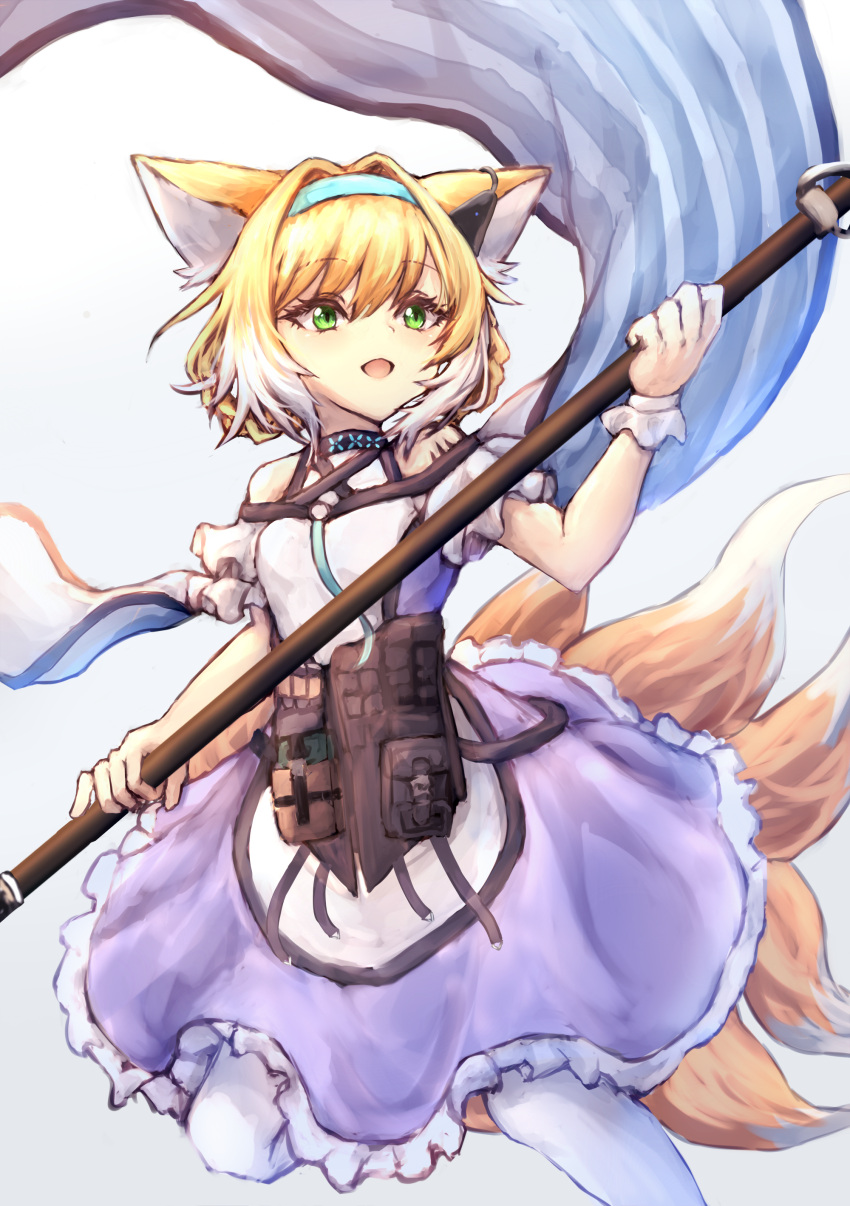 1girl absurdres animal_ears arknights bare_shoulders black_collar blonde_hair blue_hairband breasts clothing_cutout collar dress earpiece fox_ears fox_girl fox_tail green_eyes grey_background hair_intakes hairband highres holding holding_staff infection_monitor_(arknights) kitsune leg_up multicolored_hair multiple_tails open_mouth purple_dress short_hair shoulder_cutout simple_background small_breasts solo staff streaked_hair suzuran_(arknights) tail two-tone_dress utinokofia white_dress white_hair wrist_cuffs