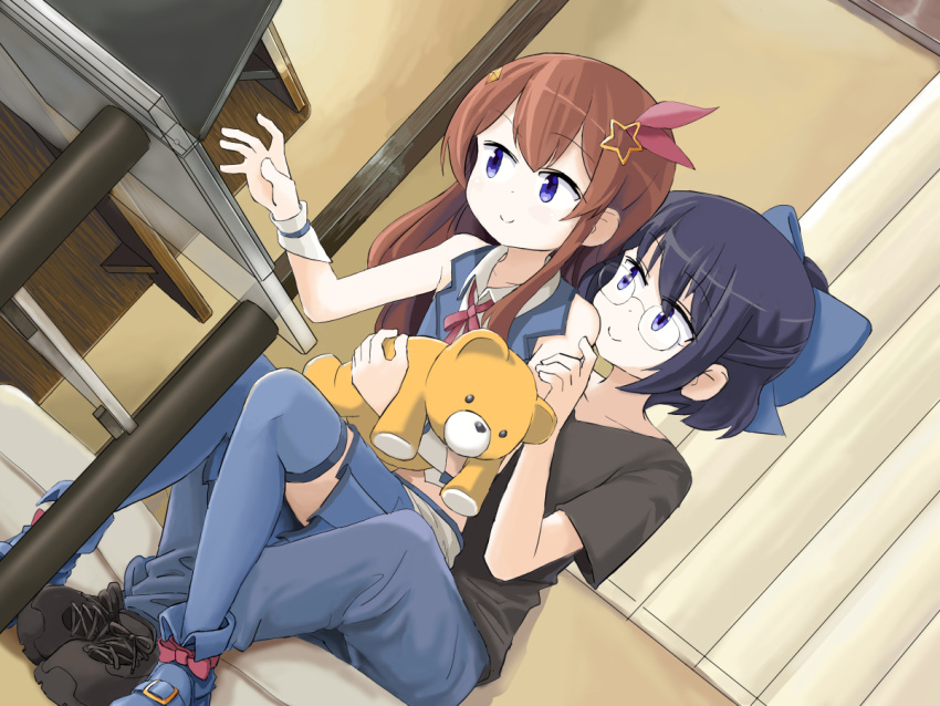 2girls a-chan_(hololive) ankimo_(tokino_sora) black_skirt blue_vest bow brown_eyes brown_hair computer dutch_angle flat_chest glass_table glasses hair_bow hair_ornament hololive laptop multiple_girls pleated_skirt purple_hair shirt sitting sitting_on_lap sitting_on_person sixten skirt star_(symbol) star_hair_ornament stuffed_animal stuffed_toy t-shirt table teddy_bear thigh-highs tokino_sora vest violet_eyes virtual_youtuber