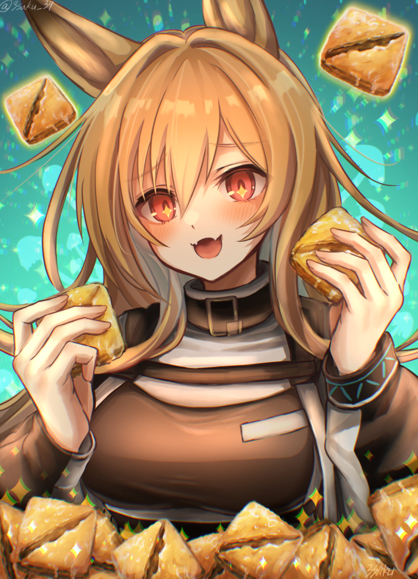 +_+ 1girl 3_(sanyako1) :d animal_ears arknights blue_background blush breasts brown_hair brown_jacket ceobe_(arknights) commentary cookie dog_ears dog_girl fangs food hands_up highres holding holding_food infection_monitor_(arknights) jacket long_hair long_sleeves medium_breasts open_mouth red_eyes simple_background skin_fangs smile solo sparkle upper_body