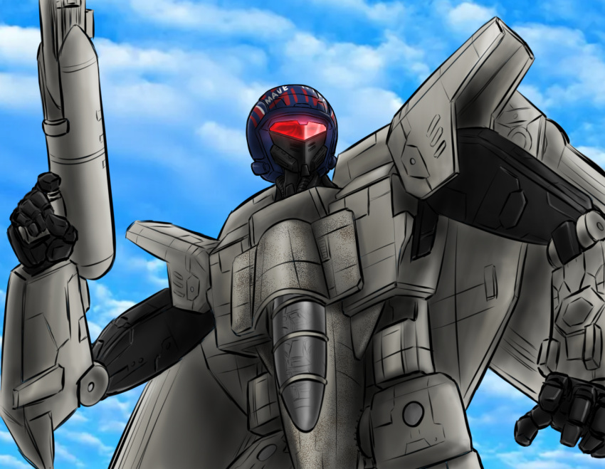 assault_visor autobot chinese_commentary clouds commentary_request crossover gun helmet holding holding_gun holding_weapon looking_to_the_side maverick_(transformers) mecha open_hand robot science_fiction sketch sky top_gun transformers upper_body weapon zhiliudan
