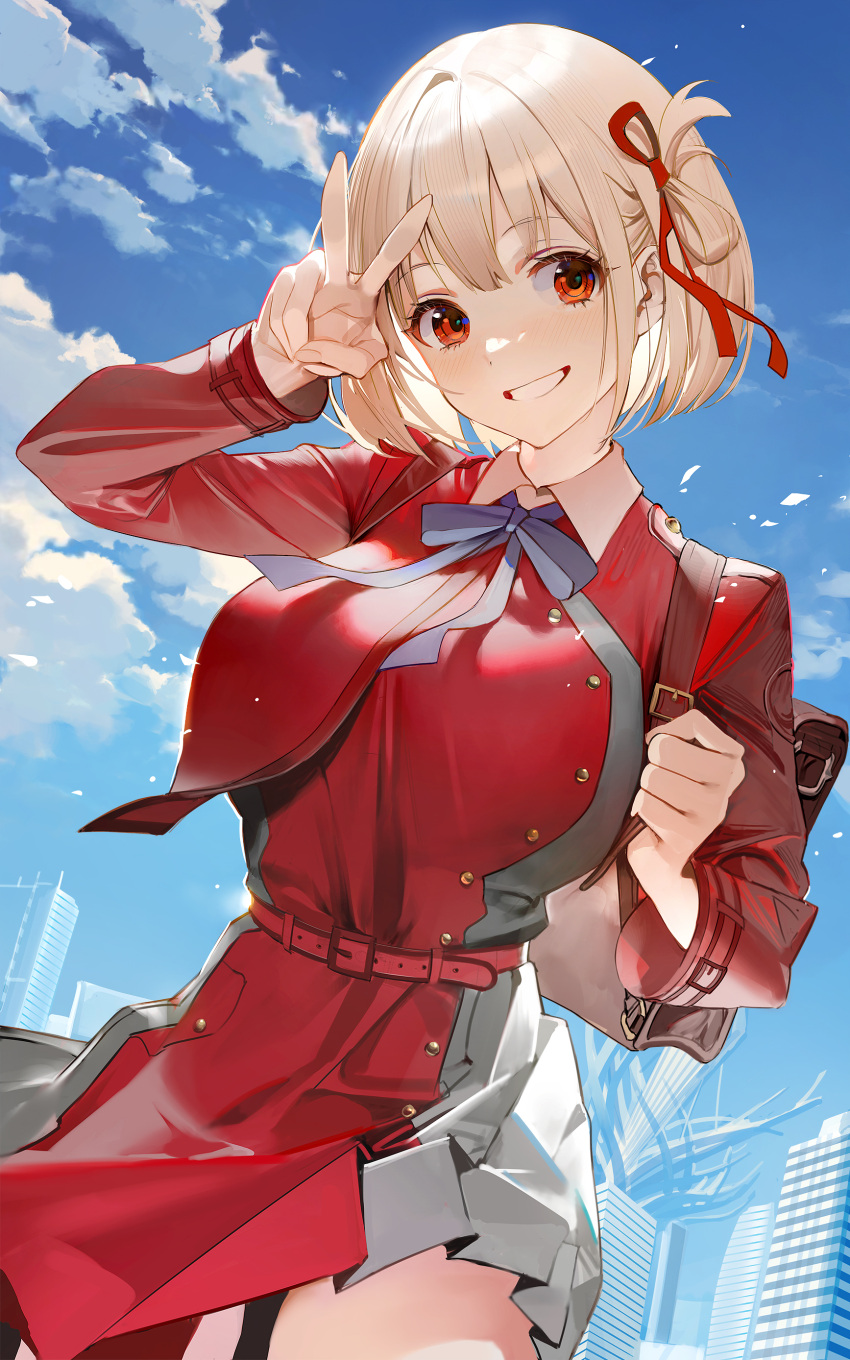 1girl absurdres arm_up backpack bag belt blonde_hair blue_ribbon blue_sky blush bob_cut breasts clouds commentary cowboy_shot day dot_nose dress grey_dress grin hair_ribbon highres holding holding_bag large_breasts lycoris_recoil lycoris_uniform neck_ribbon nishikigi_chisato one_side_up outdoors pleated_dress red_belt red_dress red_eyes red_ribbon ribbon short_hair shycocoa sky smile solo symbol-only_commentary two-tone_dress v wind wind_lift