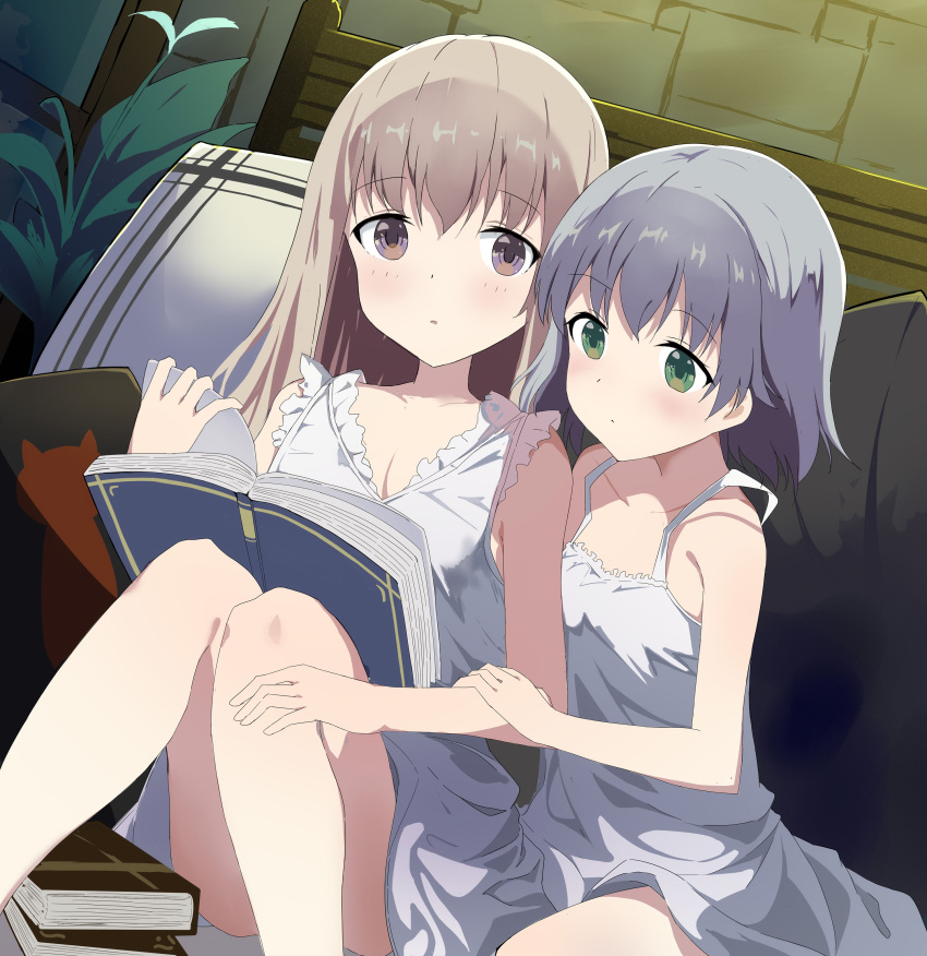 2girls absurdres blush book breasts brown_eyes closed_mouth collarbone eila_ilmatar_juutilainen green_eyes hand_on_another's_arm highres indoors long_hair multiple_girls nightgown open_mouth plant potted_plant sanya_v._litvyak shiny shiny_hair short_hair sitting small_breasts soha_(sirohase) strike_witches white_hair world_witches_series yuri