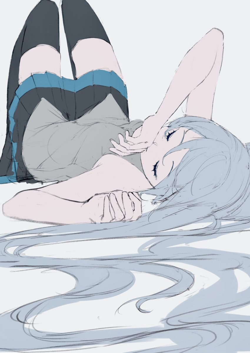 1girl bare_arms black_skirt black_thighhighs blue_hair closed_eyes closed_mouth commentary covering_mouth english_commentary flat_color grey_background grey_shirt hair_spread_out hand_on_own_face hatsune_miku highres knees_up light_blue_hair long_hair lying muted_color on_back pleated_skirt potetoneko shirt simple_background sketch skirt sleeveless sleeveless_shirt solo thigh-highs unfinished upside-down very_long_hair vocaloid zettai_ryouiki