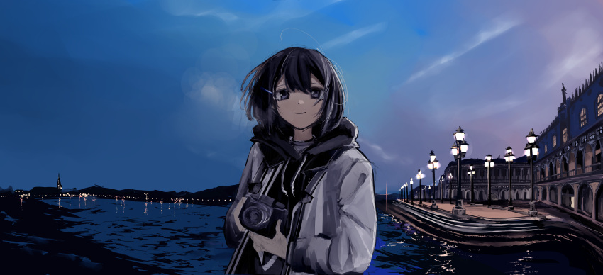 1girl absurdres black_eyes black_hair building camera closed_mouth highres holding holding_camera lamppost leadin_the_sky looking_at_viewer night night_sky original outdoors road scenery short_hair sky smile solo street sunset sweater teeth upper_teeth water