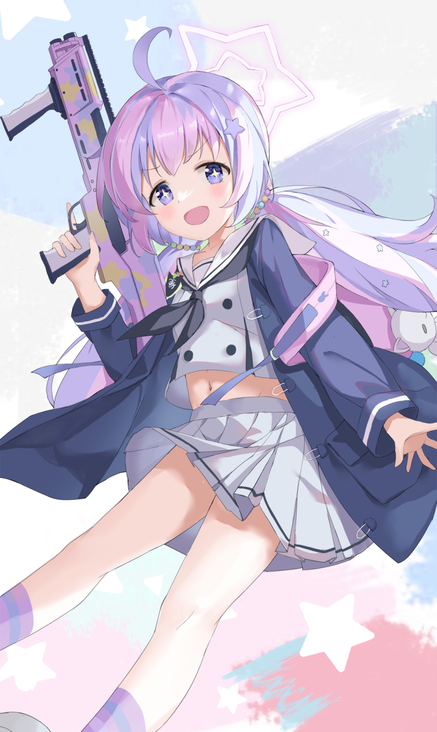 +_+ 1girl ahoge backpack bag bangs blue_archive blue_coat blue_hair blush buttons clothes_lift coat commentary grey_serafuku grey_shirt grey_skirt gun halo highres holding holding_weapon keychain light_blue_hair looking_at_viewer multicolored_background multicolored_hair navel open_mouth pink_bag pink_hair pleated_skirt purple_hair reisa_(blue_archive) school_uniform serafuku serika shirt shirt_lift sidelocks simple_background skirt smile solo standard_manufacturing_dp-12 star_(symbol) violet_eyes weapon wind wind_lift