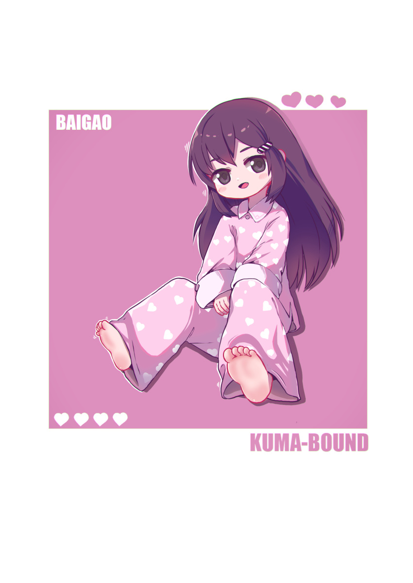 1girl absurdres artist_name barefoot border brown_eyes collared_shirt commentary_request feet heart heart_print highres kuma-bound long_hair long_sleeves original outside_border pajamas pants pink_background pink_pajamas pink_pants pink_shirt purple_hair shirt soles solo toes white_border
