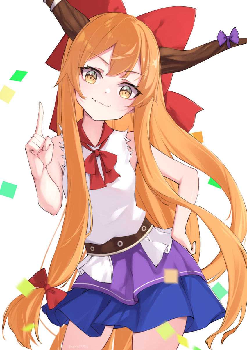 1girl absurdres blue_ribbon blue_skirt blush bow closed_mouth cowboy_shot hair_between_eyes hair_bow highres horn_ornament horn_ribbon horns ibuki_suika index_finger_raised long_hair oeyama oni_horns orange_eyes orange_hair red_bow ribbon shirt simple_background skirt smile solo torn_clothes torn_sleeves touhou white_background white_shirt